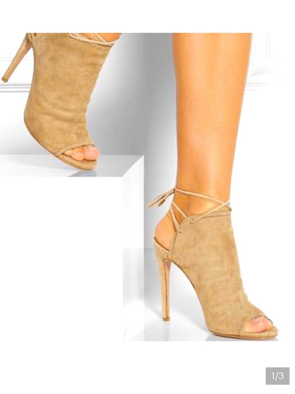 Aquazzura Tan Suede Peep Toe Lace-Up Stiletto Heel Booties Sandals - EU 39.5 / U